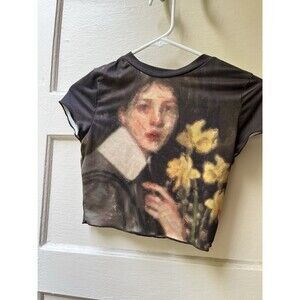 Womens Kitschy Tee Size S Brown Watercolor Expressionist Flowers Artsy Funky